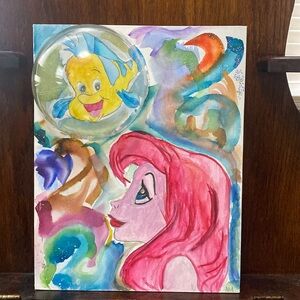 Ariel and Flounder hand painted watercolor on canvas 11”X14”